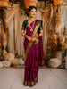 Wine Magenta Floral Butta Zari Woven Design Pure Kanchipuram Silk Saree with Contrast Zari Border