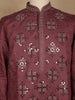 Wine Mirror Work Embroidered Cotton Kurta For Men