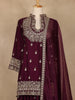 Wine Purple Floral Embroidered Georgette Palazzo Suit With Dupatta