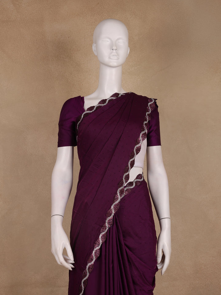 Wine Purple Solid with Sequin Embellishment Satin Saree - Diadem