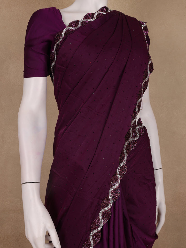 Wine Purple Solid with Sequin Embellishment Satin Saree - Diadem