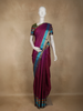 Wine Purple Striped Woven Kanchipuram Silk Saree with Contrast Peacock Blue Border