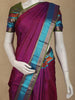 Wine Purple Striped Woven Kanchipuram Silk Saree with Contrast Peacock Blue Border