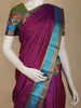 Wine Purple Striped Woven Kanchipuram Silk Saree with Contrast Peacock Blue Border