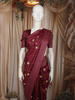 Wine Red Checked Thread Embroidered Design Pure Tussar Saree with Stripes Border