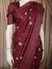 Wine Red Checked Thread Embroidered Design Pure Tussar Saree with Stripes Border