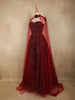 Wine Red Floral Appliqué Embellished Net Designer Gown