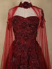 Wine Red Floral Appliqué Embellished Net Designer Gown