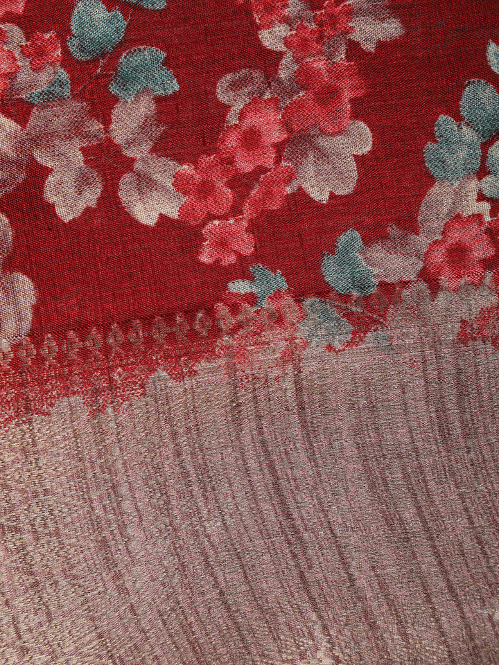 Wine Red Floral Printed Raw Silk Saree - Diadem