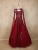 Wine Red Sequins Embellished Design Net Ball Gown with Cape