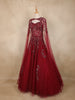 Wine Red Sequins Embellished Design Net Ball Gown with Cape