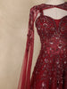 Wine Red Sequins Embellished Design Net Ball Gown with Cape