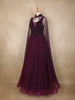 Wine Sequins Designed Net Gown with Pearl Cape Sleeves