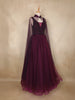 Wine Sequins Designed Net Gown with Pearl Cape Sleeves