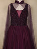 Wine Sequins Designed Net Gown with Pearl Cape Sleeves