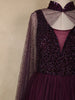 Wine Sequins Designed Net Gown with Pearl Cape Sleeves