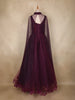 Wine Sequins Designed Net Gown with Pearl Cape Sleeves