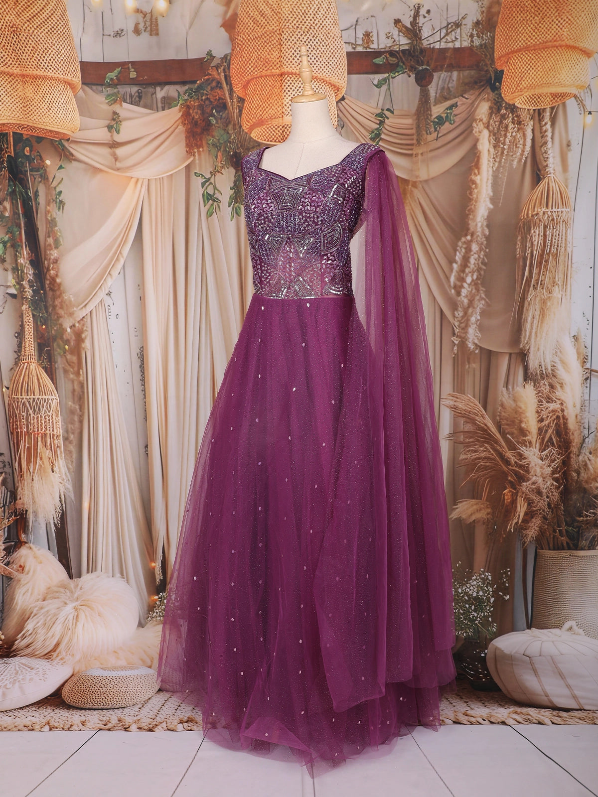 Wine Sequins and Beads Embroidered Design Net Gown | Diadem Wine Sequins and Beads Embroidered Design Net Gown | Diadem