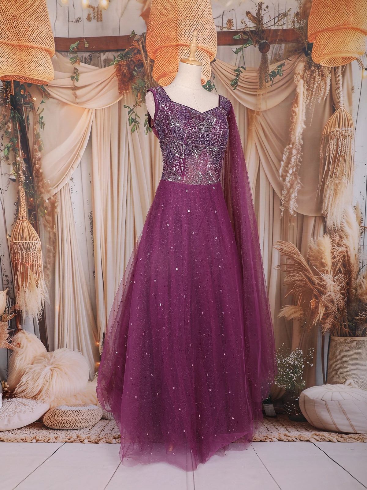 Wine Sequins and Beads Embroidered Design Net Gown | Diadem Wine Sequins and Beads Embroidered Design Net Gown | Diadem