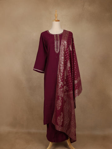 Wine Solid Design Salwar Suit With Banarasi Dupatta - Diadem