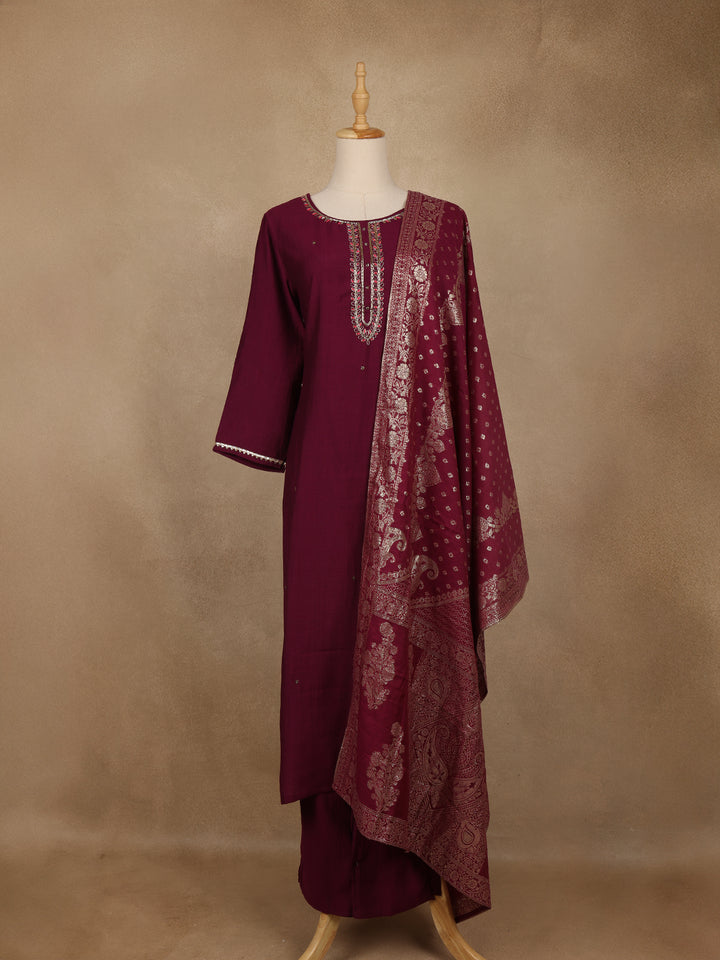 Wine Solid Design Salwar Suit With Banarasi Dupatta - Diadem