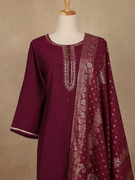 Wine Solid Design Salwar Suit With Banarasi Dupatta - Diadem