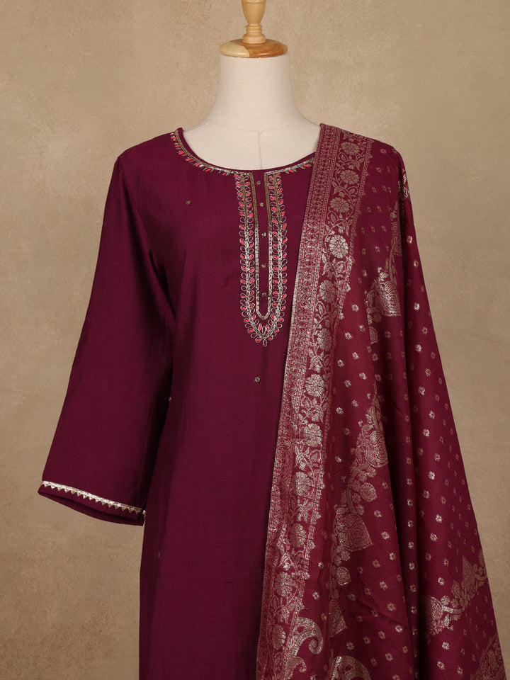 Wine Solid Design Salwar Suit With Banarasi Dupatta - Diadem