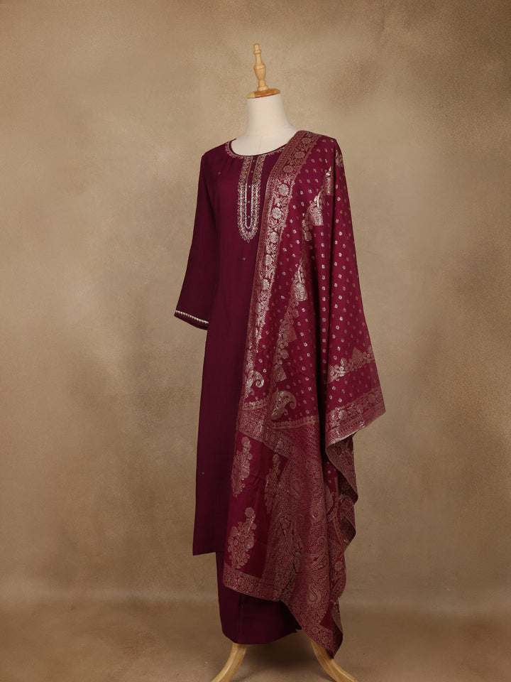Wine Solid Design Salwar Suit With Banarasi Dupatta - Diadem
