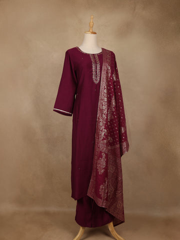 Wine Solid Design Salwar Suit With Banarasi Dupatta - Diadem