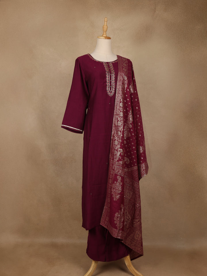 Wine Solid Design Salwar Suit With Banarasi Dupatta - Diadem