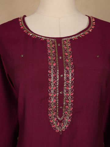 Wine Solid Design Salwar Suit With Banarasi Dupatta - Diadem