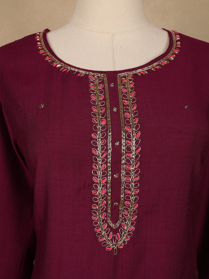 Wine Solid Design Salwar Suit With Banarasi Dupatta - Diadem