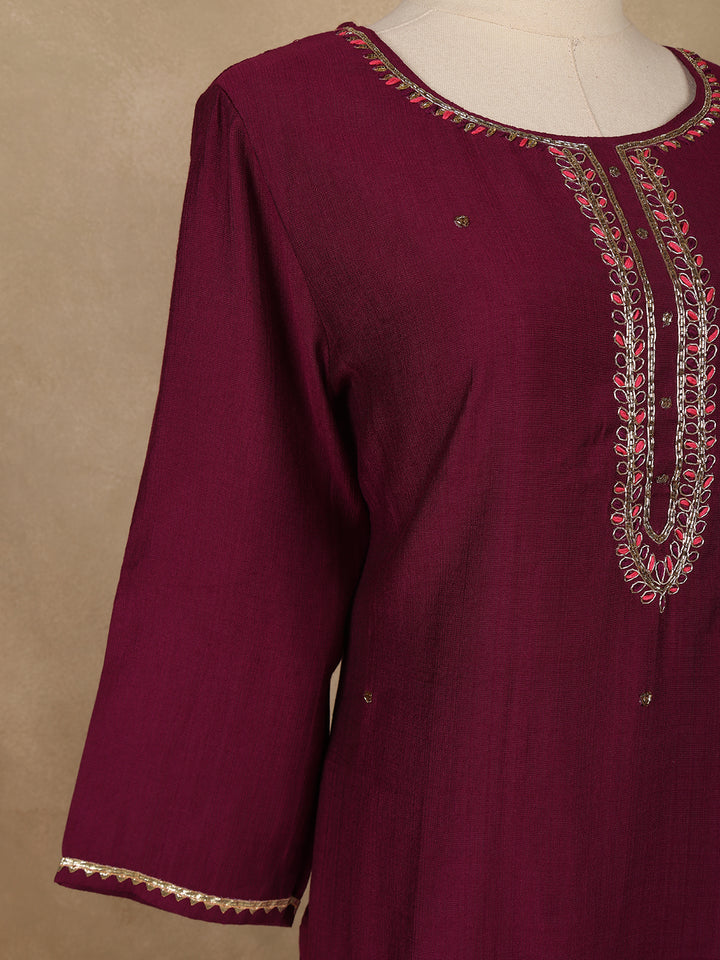 Wine Solid Design Salwar Suit With Banarasi Dupatta - Diadem