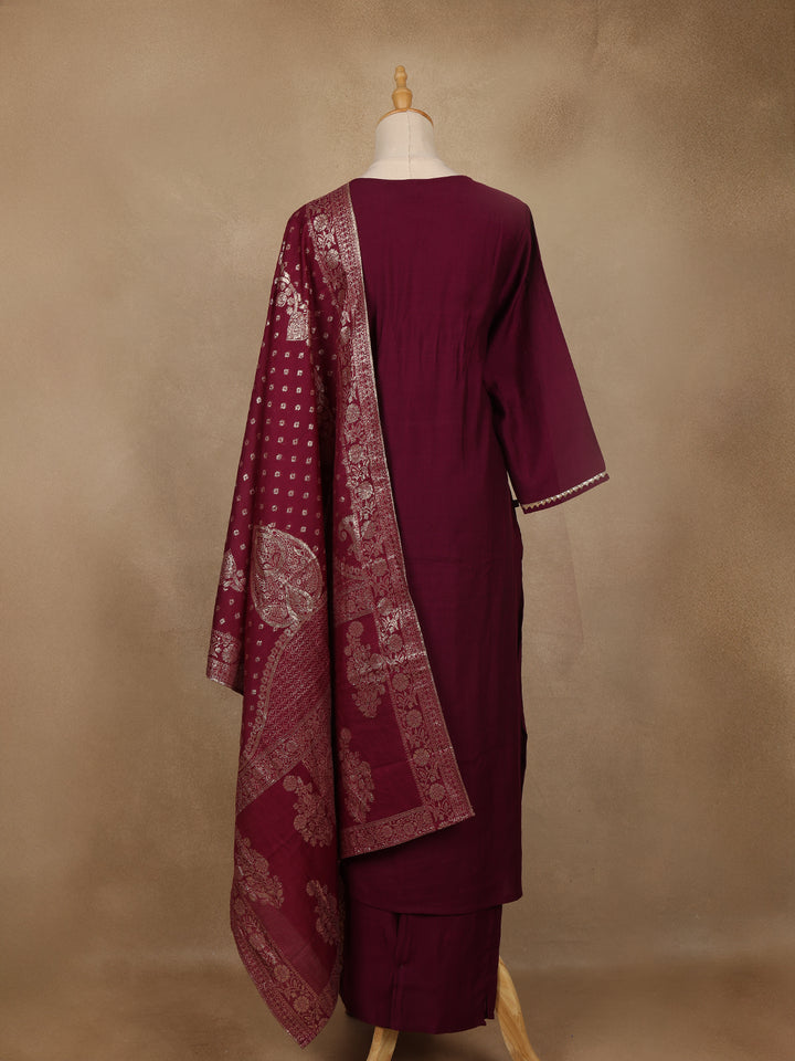 Wine Solid Design Salwar Suit With Banarasi Dupatta - Diadem