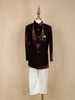 Wine Solid Velvet Kids Sherwani Set with White Pants