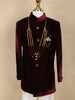 Wine Solid Velvet Kids Sherwani Set with White Pants