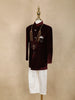 Wine Solid Velvet Kids Sherwani Set with White Pants