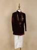 Wine Solid Velvet Kids Sherwani Set with White Pants