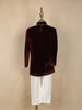 Wine Solid Velvet Kids Sherwani Set with White Pants