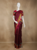 Wine Striped Woven Kanchipuram Silk Saree with Olive Gold Contrast Border