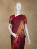 Wine Striped Woven Kanchipuram Silk Saree with Olive Gold Contrast Border