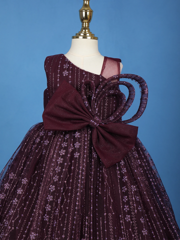 Wine 3D Butterfly Applique One-Shoulder Kids Net Gown - Diadem