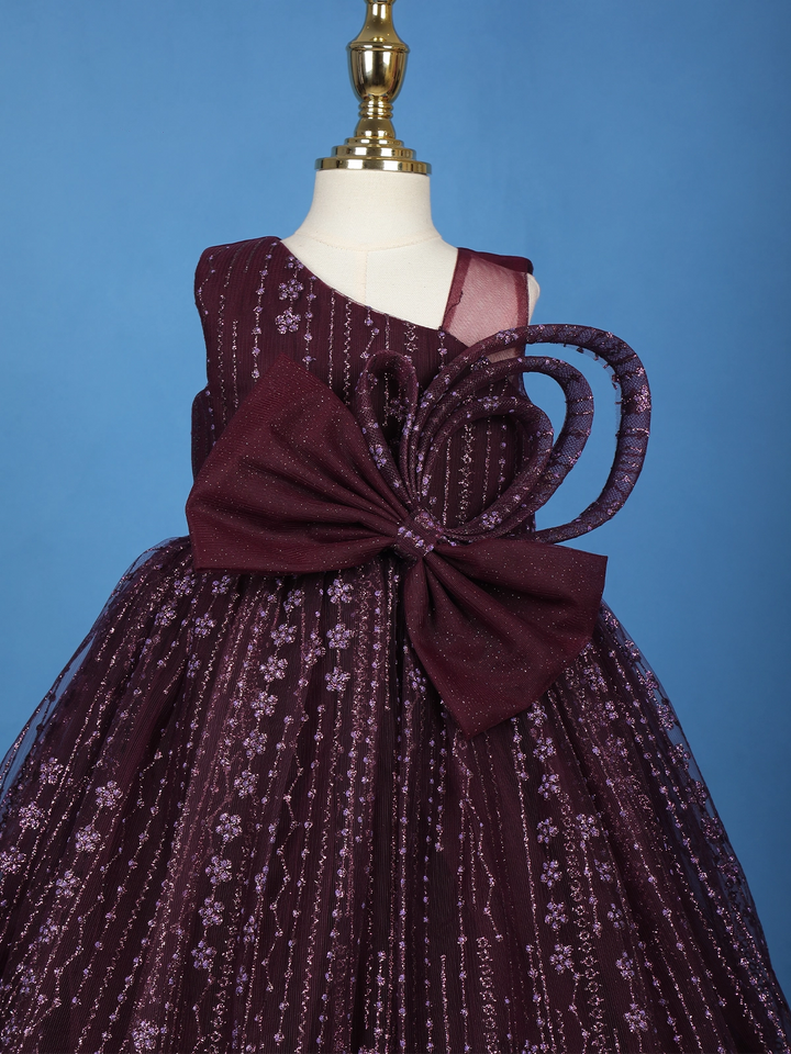 Wine 3D Butterfly Applique One-Shoulder Kids Net Gown - Diadem