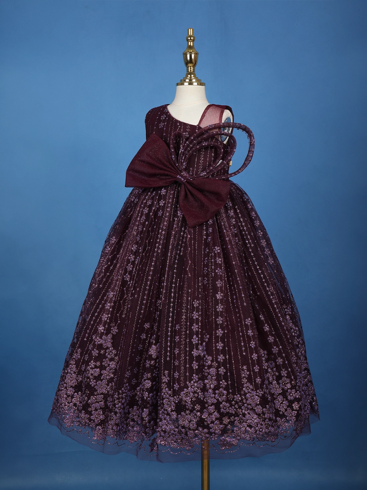 Wine 3D Butterfly Applique One-Shoulder Kids Net Gown - Diadem