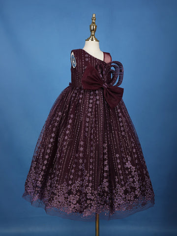 Wine 3D Butterfly Applique One-Shoulder Kids Net Gown - Diadem