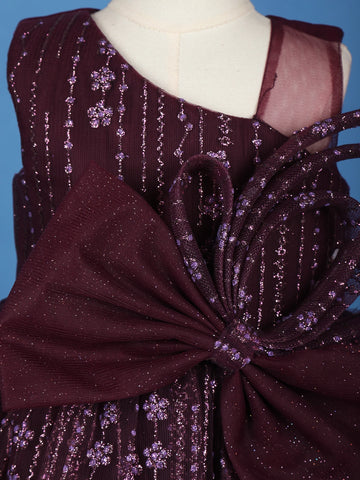 Wine 3D Butterfly Applique One-Shoulder Kids Net Gown - Diadem