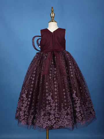 Wine 3D Butterfly Applique One-Shoulder Kids Net Gown - Diadem