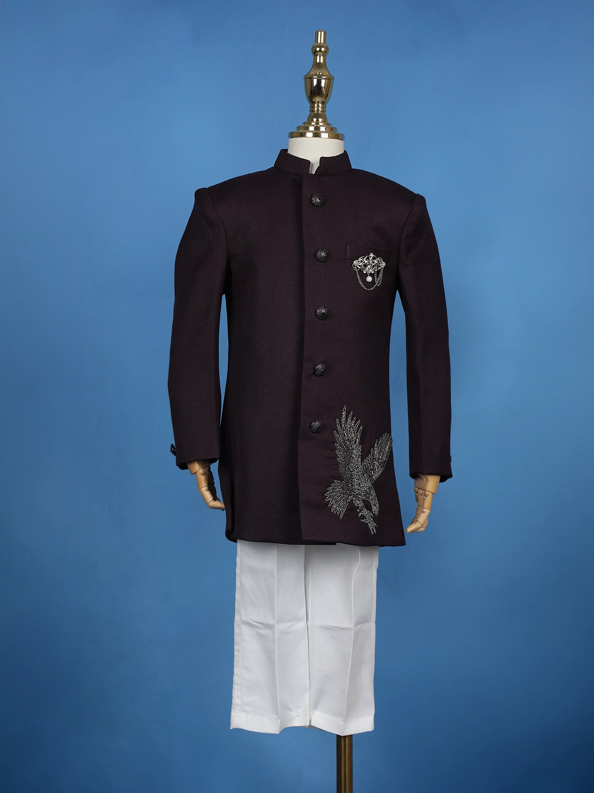 Wine Eagle Design Embroidered Polyester Sherwani and Pant Set - Diadem