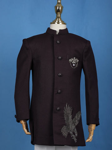 Wine Eagle Design Embroidered Polyester Sherwani and Pant Set - Diadem