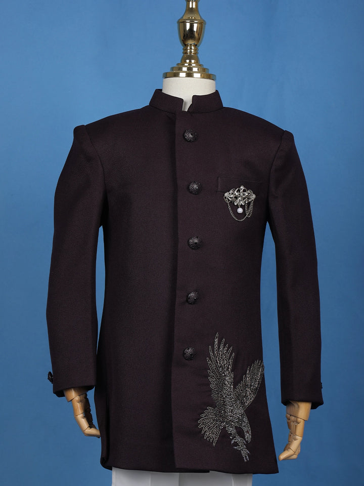 Wine Eagle Design Embroidered Polyester Sherwani and Pant Set - Diadem